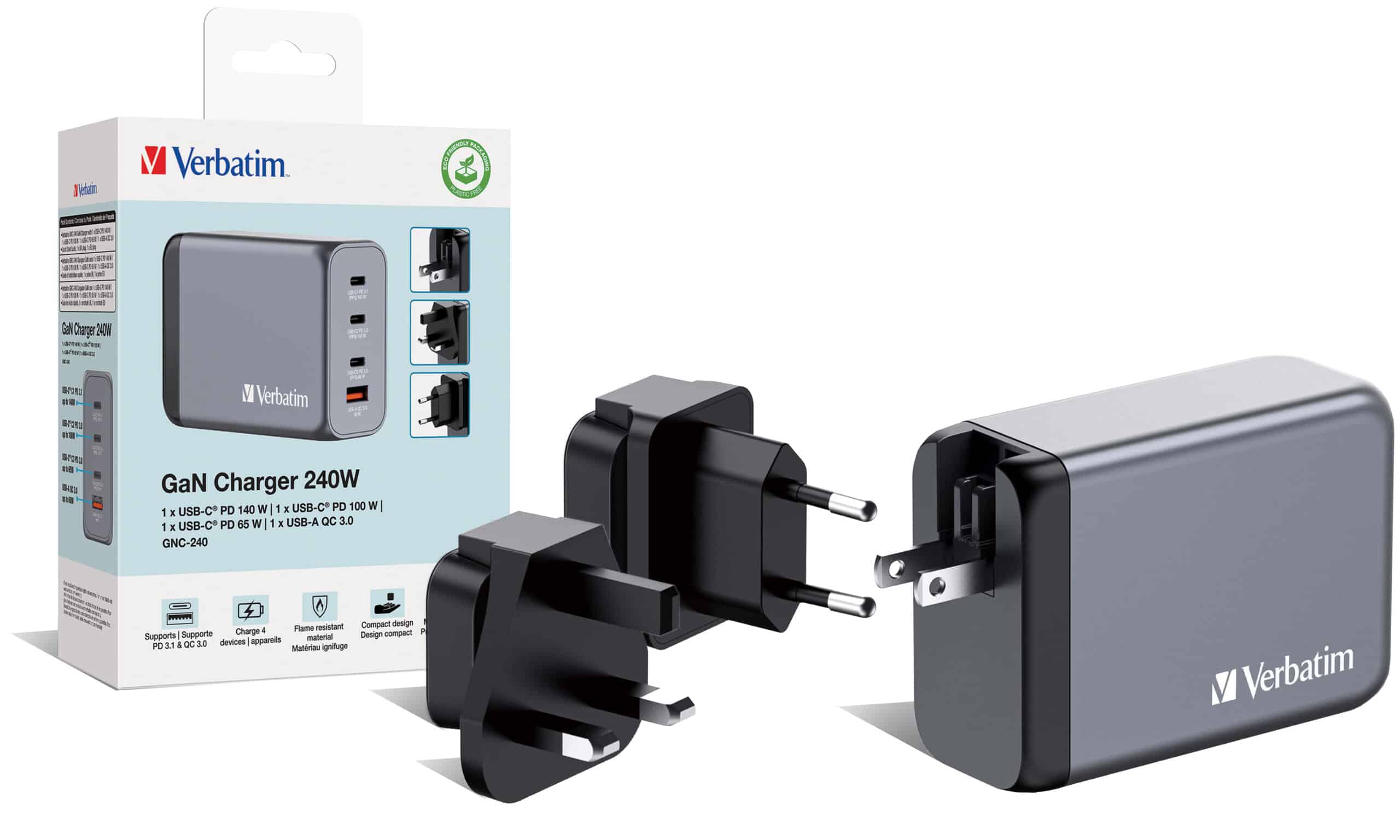 Verbatim 240 W GaN-wandoplader met vier poorten 1 x USB-C PD 140 W /1 x USB-C PD 100 W / 1 x USB-C® PD 65 W / 1 x USB-A QC 3.0 (EU/VK/VS) - Afbeelding 4