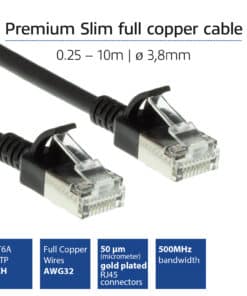 ACT Zwarte 0,25 meter LSZH U/FTP CAT6A datacenter slimline patchkabel snagless met RJ45 connectoren - Afbeelding 2