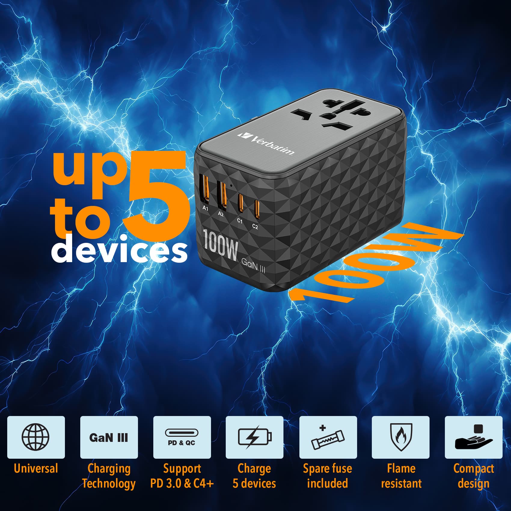 Verbatim UTA-06 100W GaN III universele reisadapter Met 2 x USB-C PD & QC 4+ & 2 x USB-A QC 3.0 poorten - Afbeelding 2