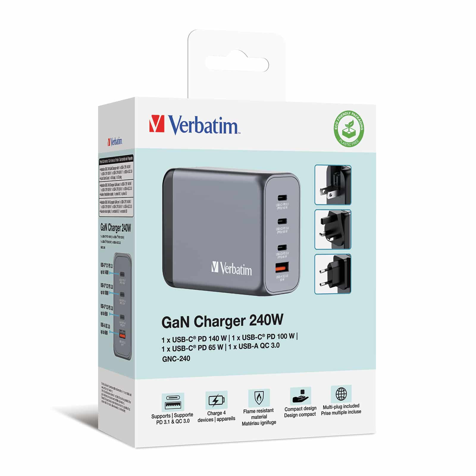 Verbatim 240 W GaN-wandoplader met vier poorten 1 x USB-C PD 140 W /1 x USB-C PD 100 W / 1 x USB-C® PD 65 W / 1 x USB-A QC 3.0 (EU/VK/VS) - Afbeelding 6