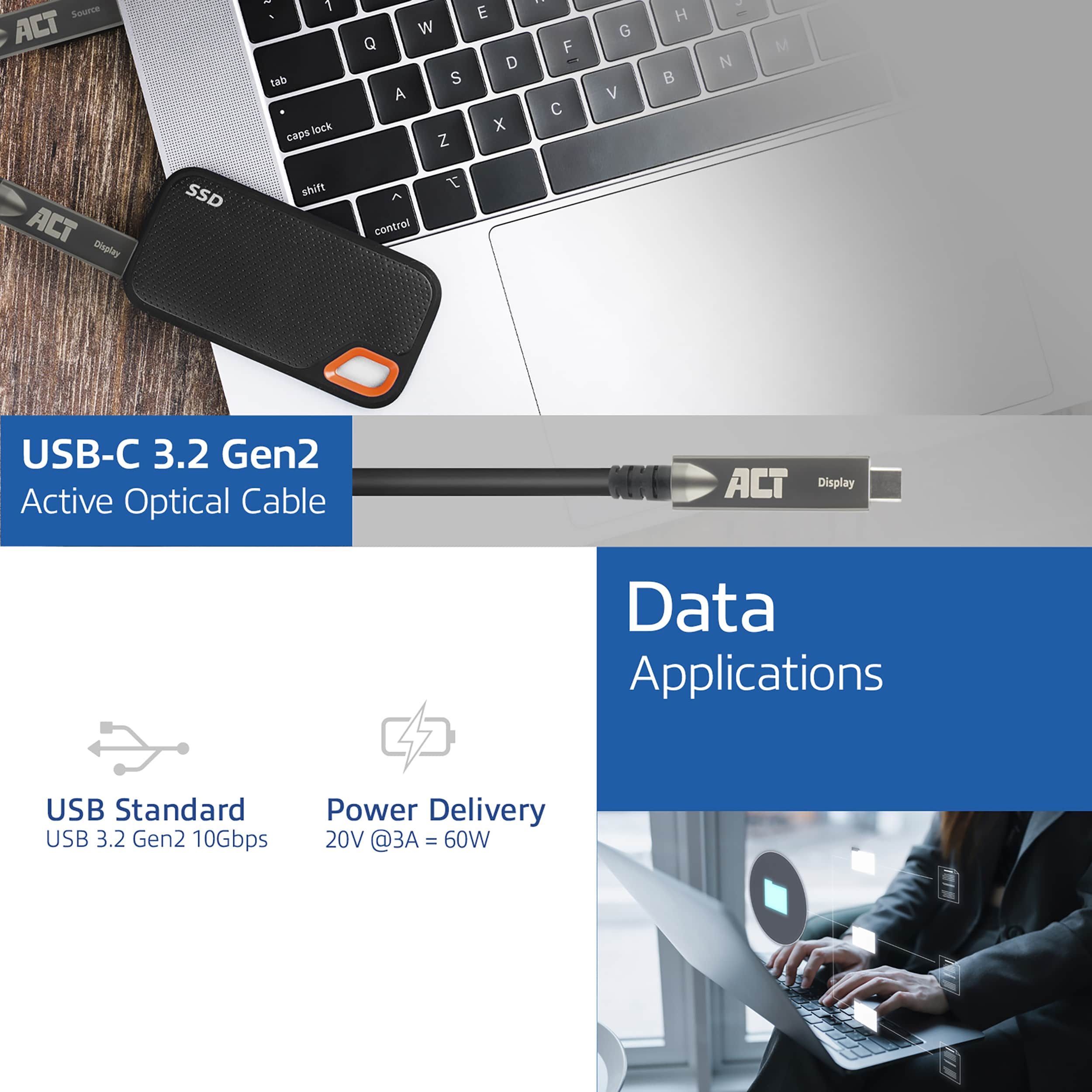 ACT USB-C 3.2 Gen2 Active Optical Cable (AOC), voor touchpanels, video, data, power, 3m - Afbeelding 4