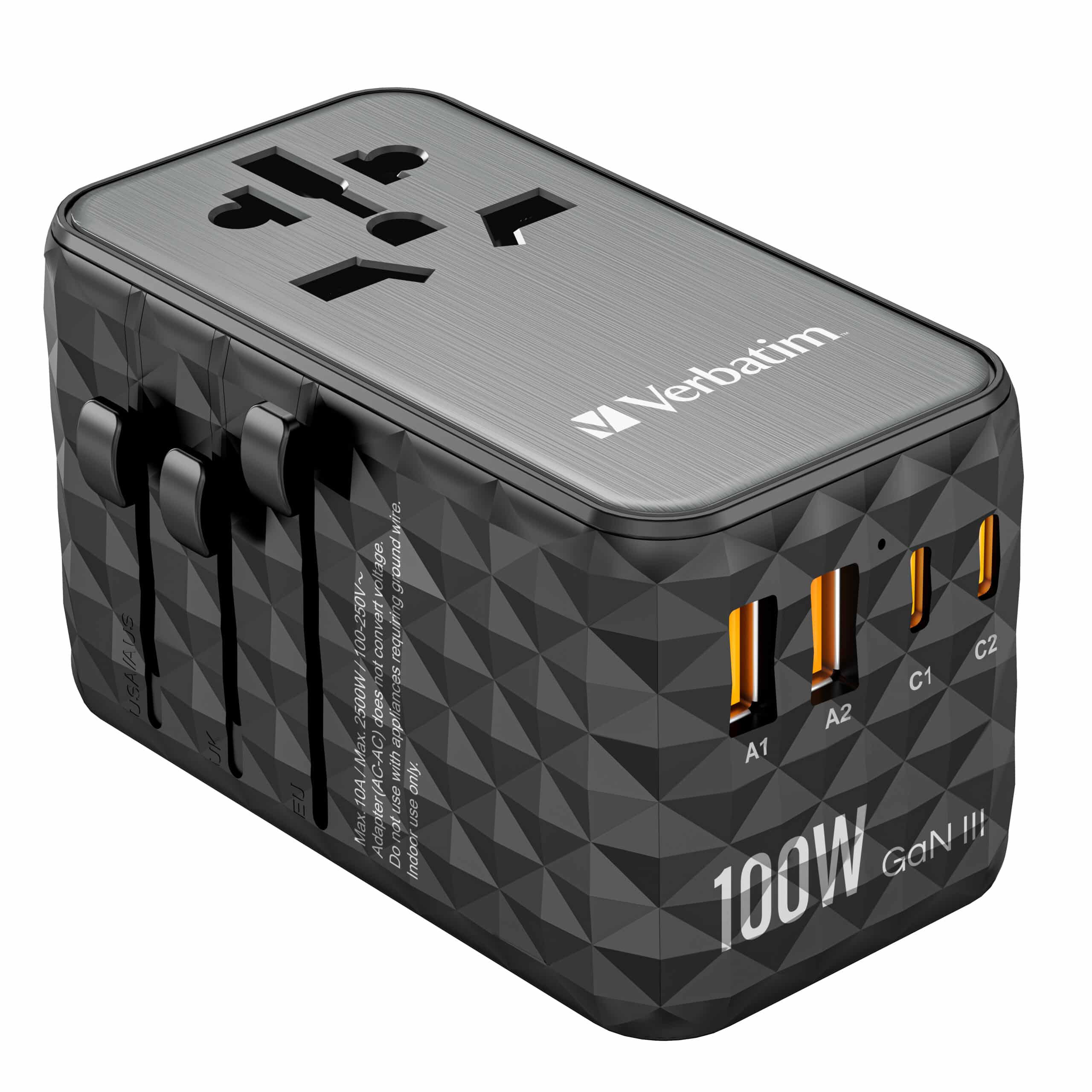 Verbatim UTA-06 100W GaN III universele reisadapter Met 2 x USB-C PD & QC 4+ & 2 x USB-A QC 3.0 poorten