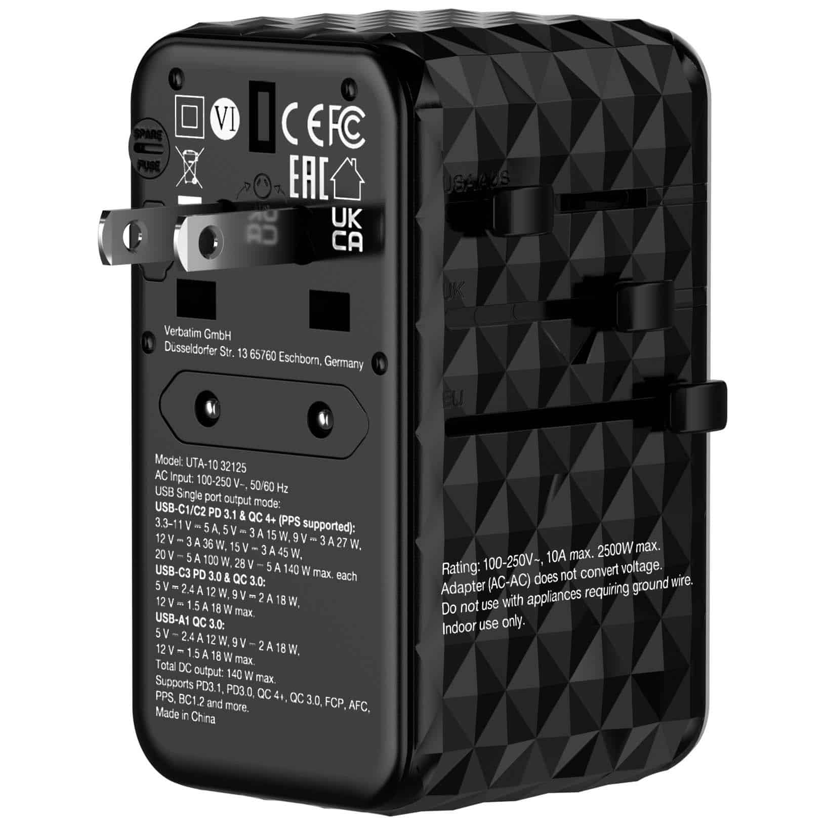 Verbatim UTA-10 140W GaN III universele reisadapter Met 2 x USB-C PD 3.1 & QC 4+, 1 x USB-C PD 3.0 & 1 x USB-A QC 3.0 poorten - Afbeelding 8