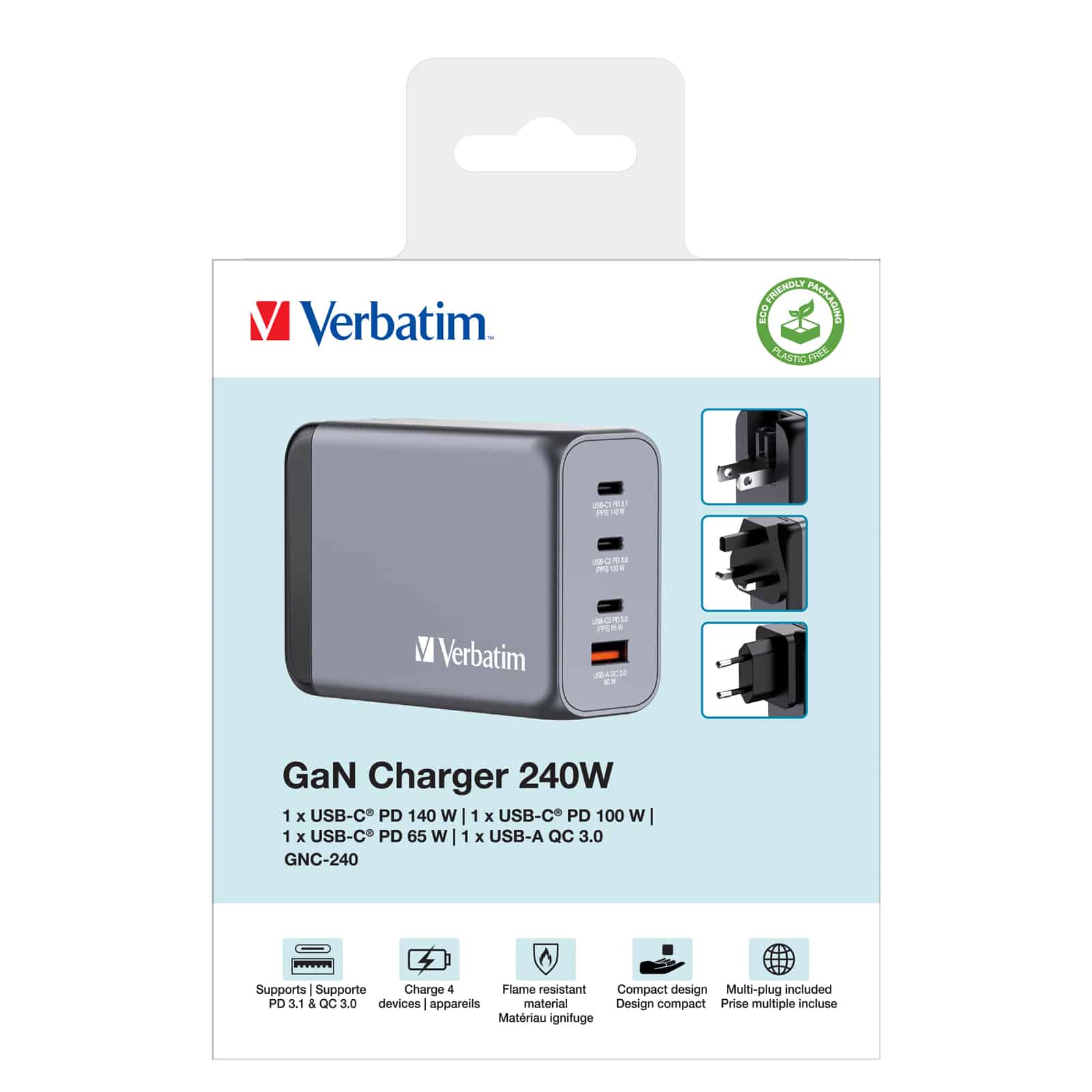 Verbatim 240 W GaN-wandoplader met vier poorten 1 x USB-C PD 140 W /1 x USB-C PD 100 W / 1 x USB-C® PD 65 W / 1 x USB-A QC 3.0 (EU/VK/VS) - Afbeelding 7