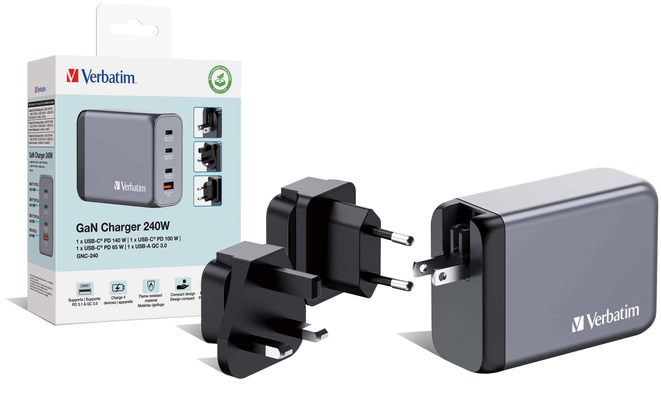 Verbatim 240 W GaN-wandoplader met vier poorten 1 x USB-C PD 140 W /1 x USB-C PD 100 W / 1 x USB-C® PD 65 W / 1 x USB-A QC 3.0 (EU/VK/VS) - Afbeelding 5