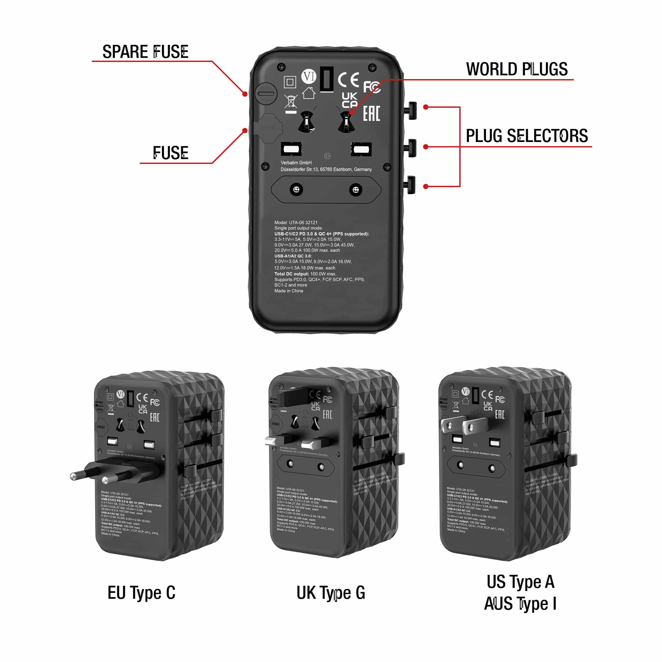 Verbatim UTA-06 100W GaN III universele reisadapter Met 2 x USB-C PD & QC 4+ & 2 x USB-A QC 3.0 poorten - Afbeelding 5