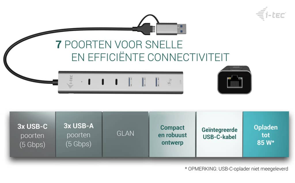 i-tec USB-C/USB-A Metal HUB 6 port (3x USB-C, 3x USB-A), LAN, Power Delivery 85W - Afbeelding 5