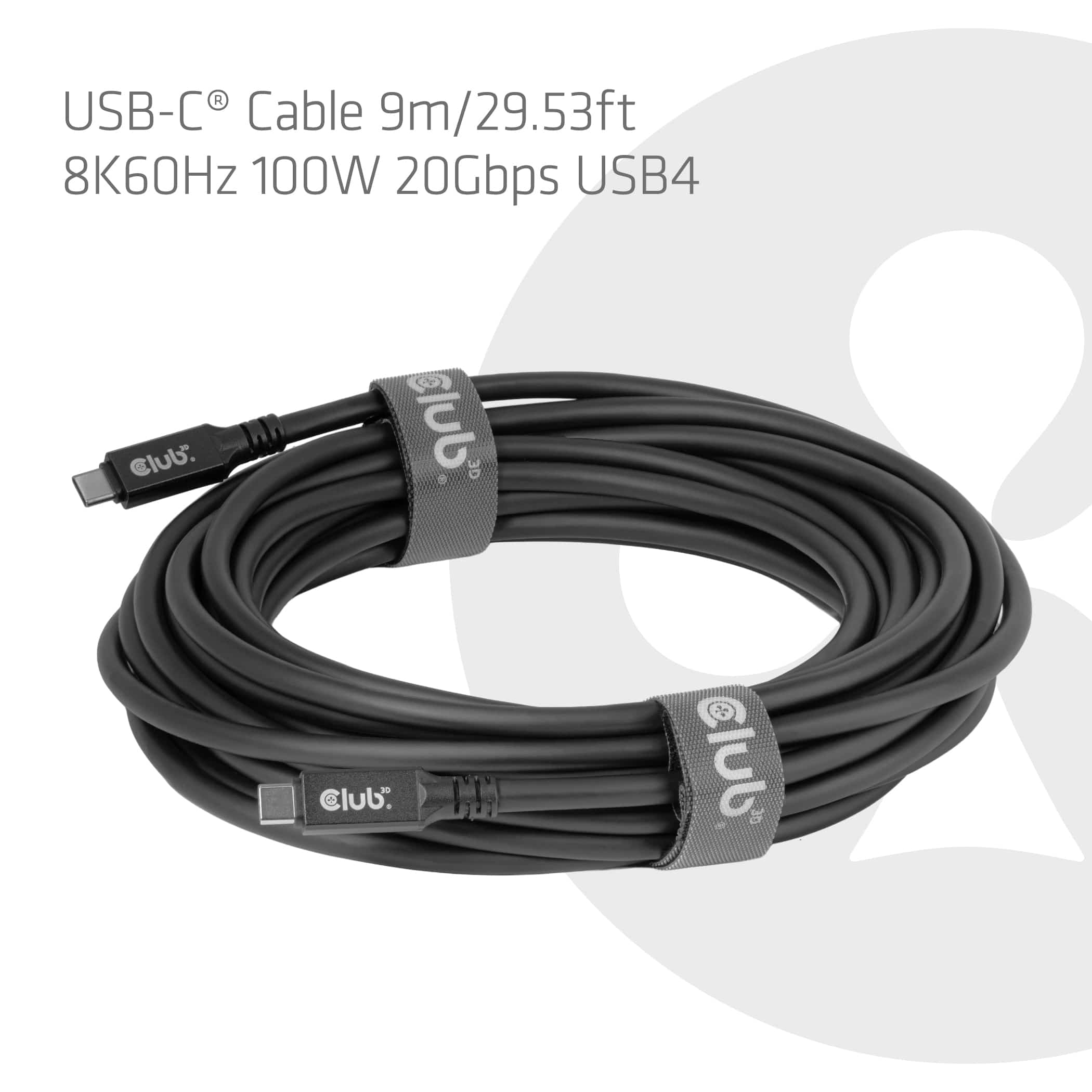 CLUB3D USB-C-kabel 8K 60 Hz 100 W 20 Gbps USB4 9 m/29,53 ft - Afbeelding 2