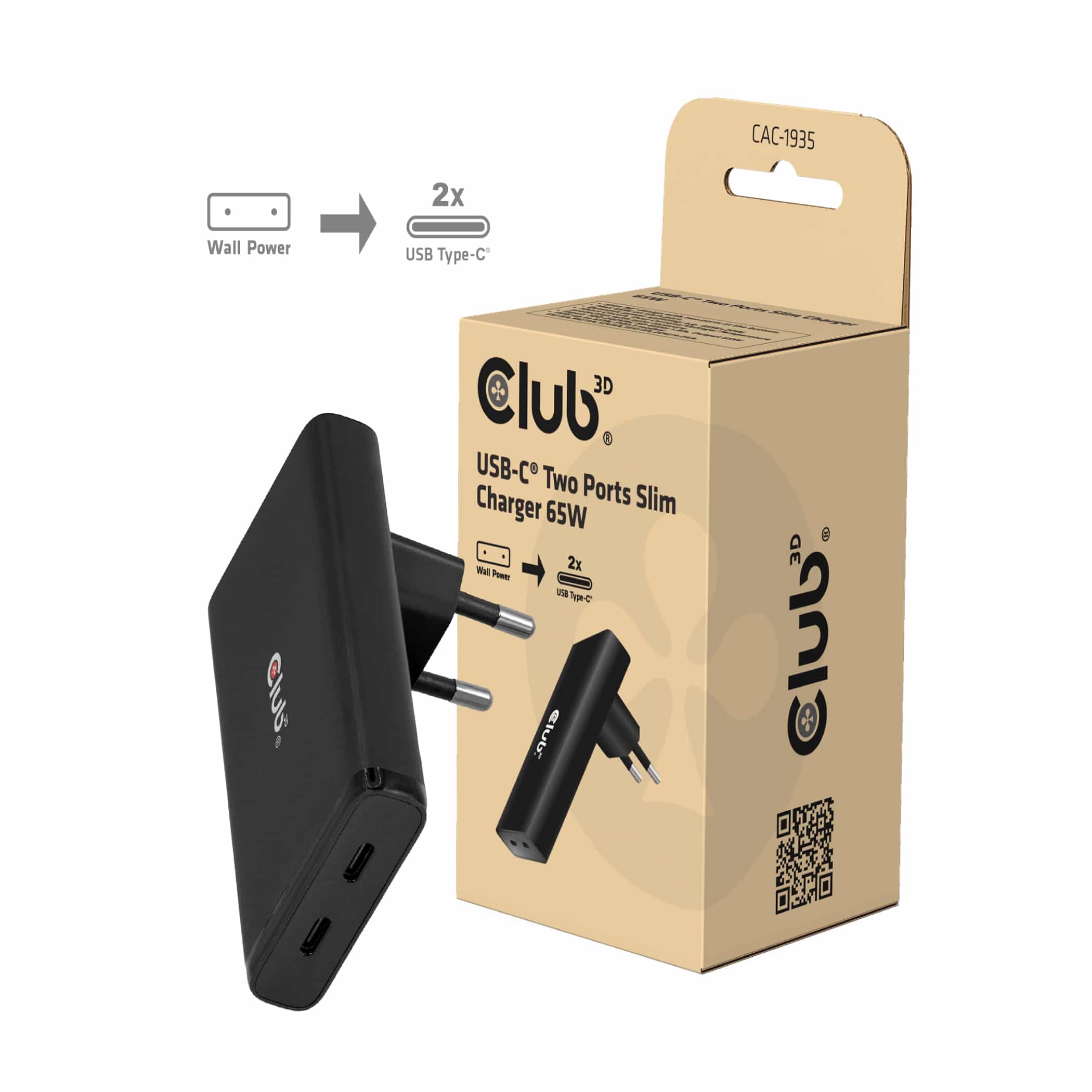 CLUB3D Slanke oplader met twee USB-C-poorten, 65 W, GaN, PD 3.1, PPS