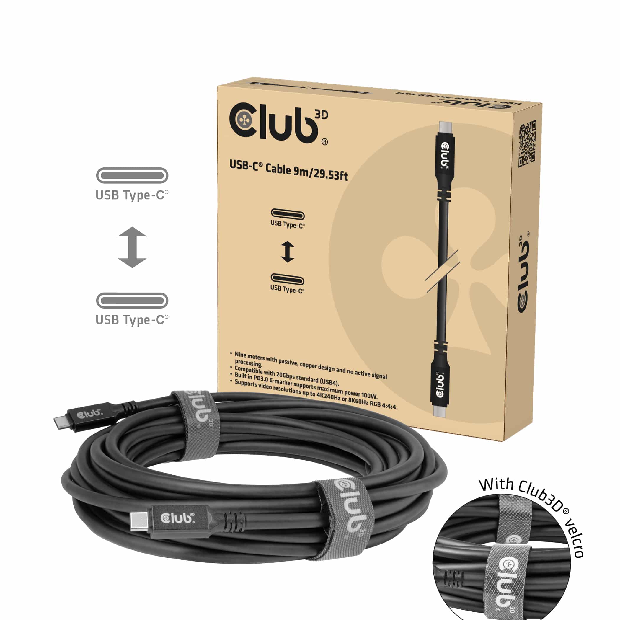 CLUB3D USB-C-kabel 8K 60 Hz 100 W 20 Gbps USB4 9 m/29,53 ft