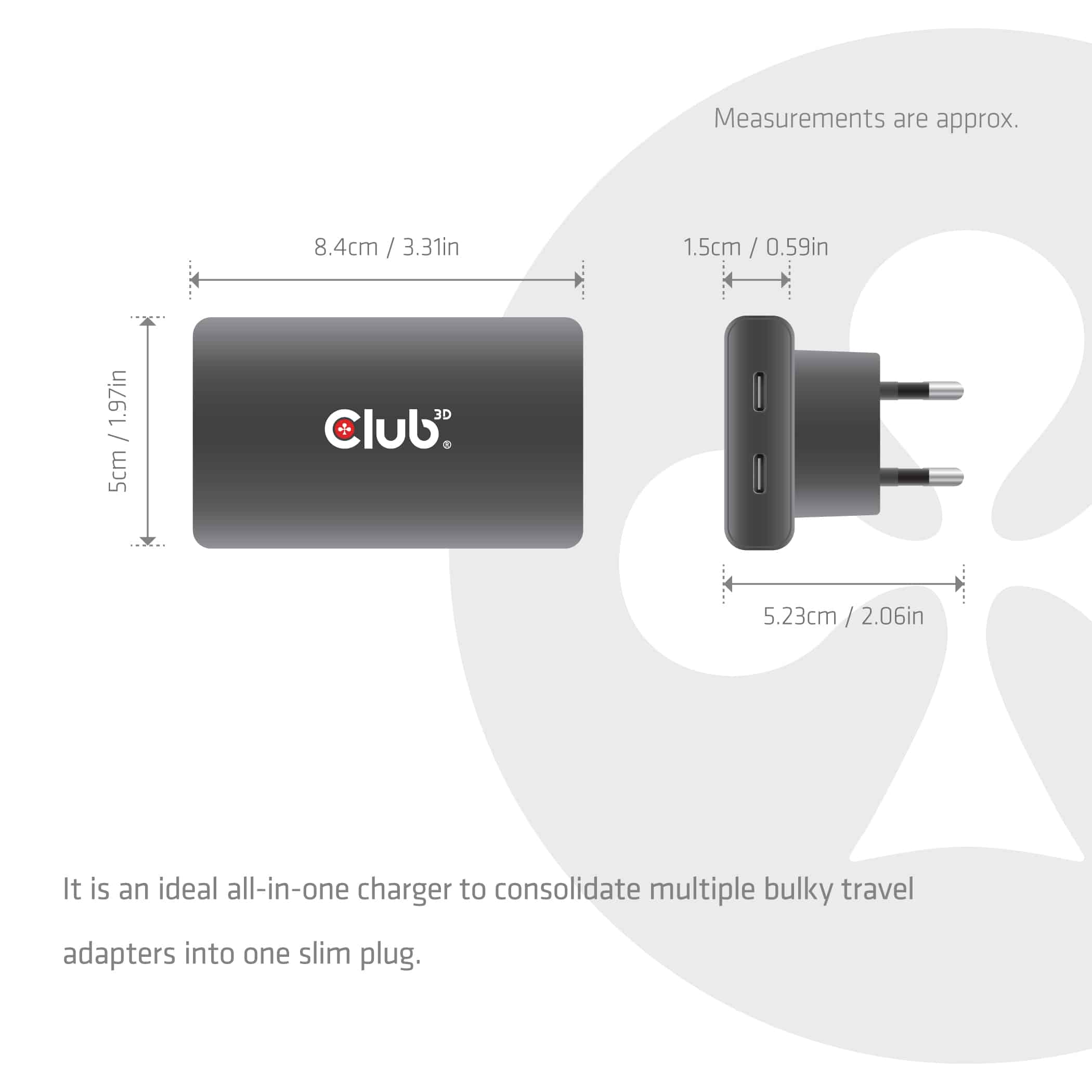 CLUB3D Slanke oplader met twee USB-C-poorten, 65 W, GaN, PD 3.1, PPS - Afbeelding 3
