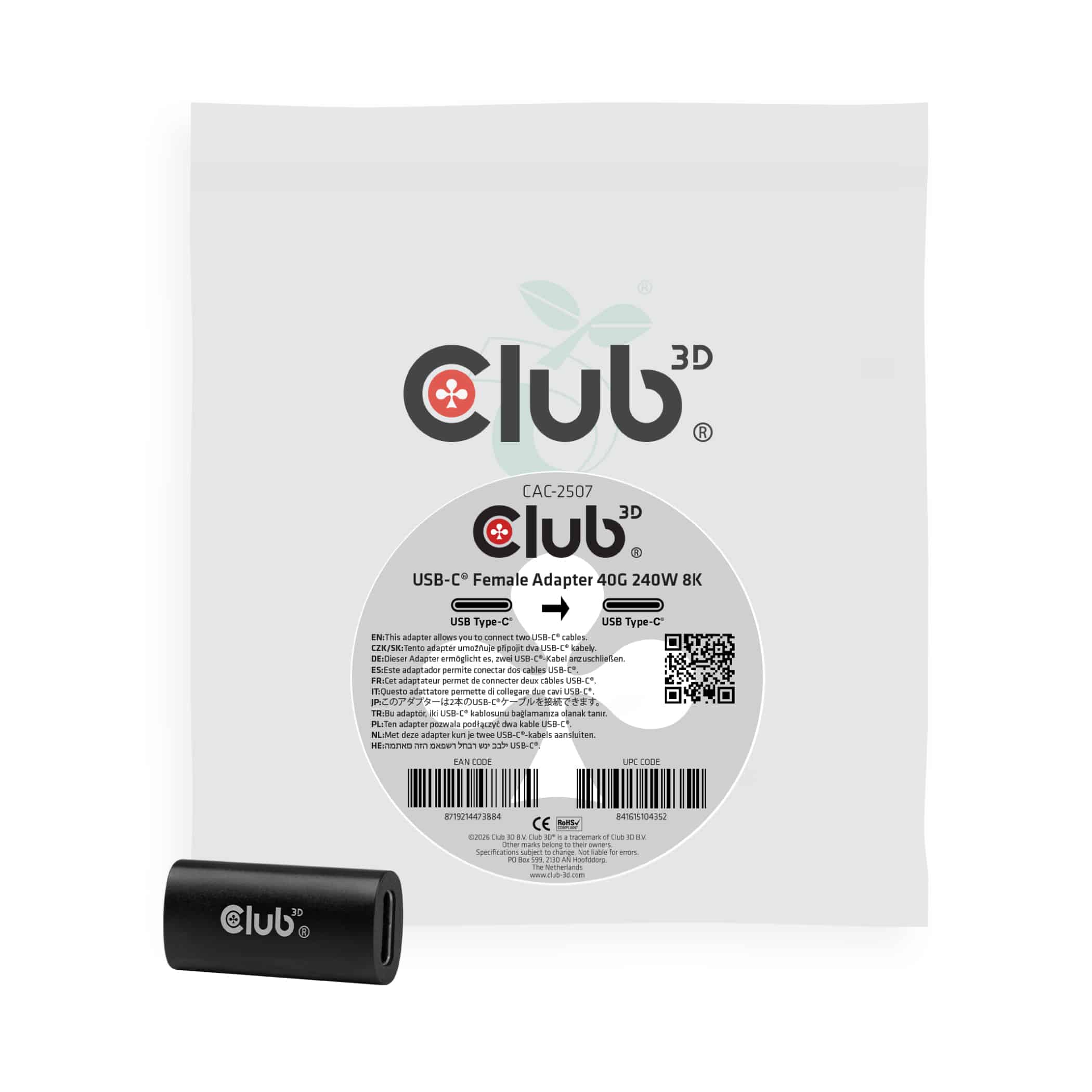 CLUB3D USB-C-vrouwelijke adapter 40G 240 W 8K 60 Hz