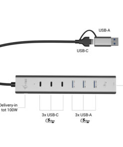 i-tec USB-C/USB-A Metal HUB 6 port (3x USB-C, 3x USB-A), LAN, Power Delivery 85W