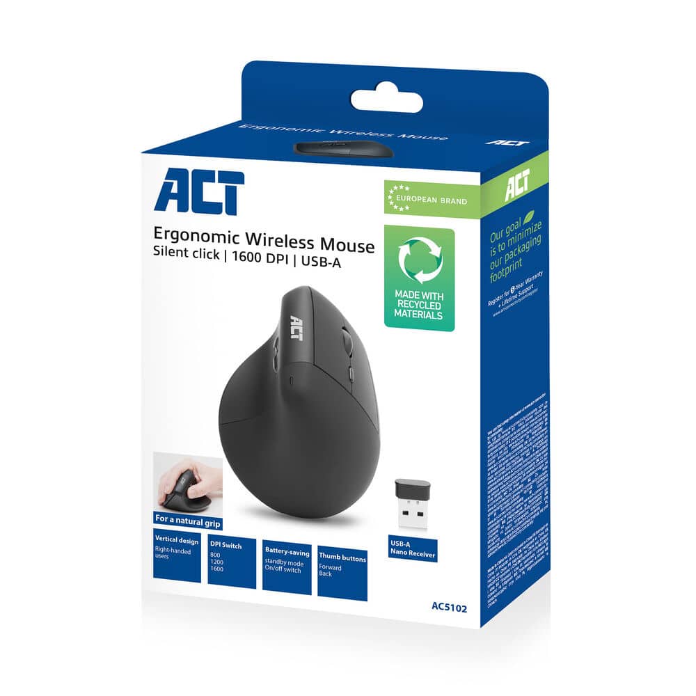 ACT Ergonomische draadloze muis 1600 DPI met verticale grip, gemaakt van gerecyclede materialen - Afbeelding 3