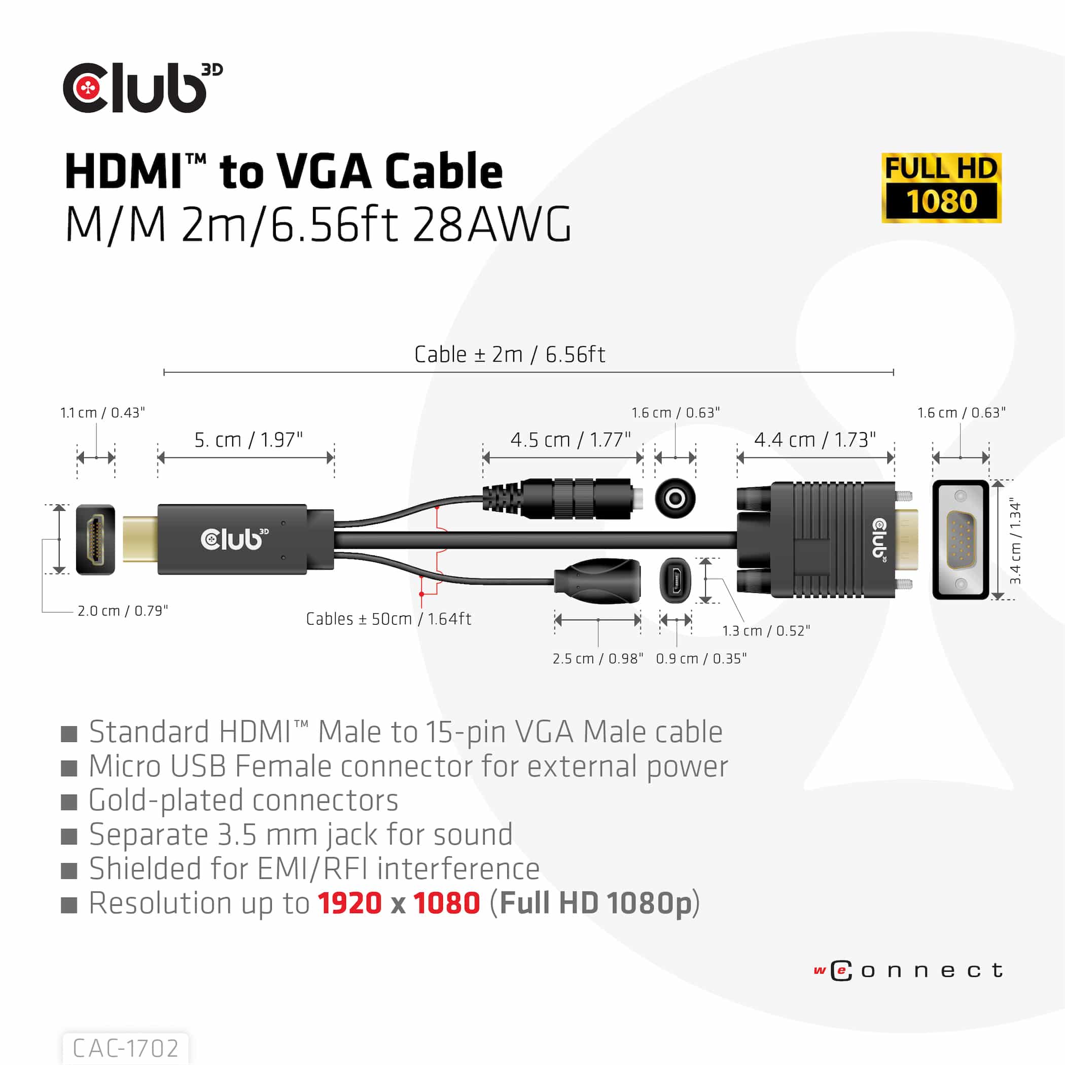 CLUB3D HDMI to VGA Cable M/M 2m/6.56ft 28AWG - Afbeelding 5