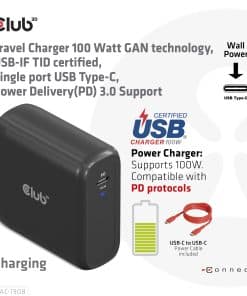 CLUB3D Travel Charger 100 Watt GAN technology, USB-IF TID certified, Single port USB Type-C, Power Delivery(PD) 3.0 Support - Afbeelding 4