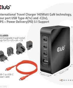 CLUB3D Internationale reislader 140 W GaN-technologie, vier poorten USB Type-A (1x) en -C (3x), PPS + Power Delivery (PD) 3.1-ondersteuning - Afbeelding 3