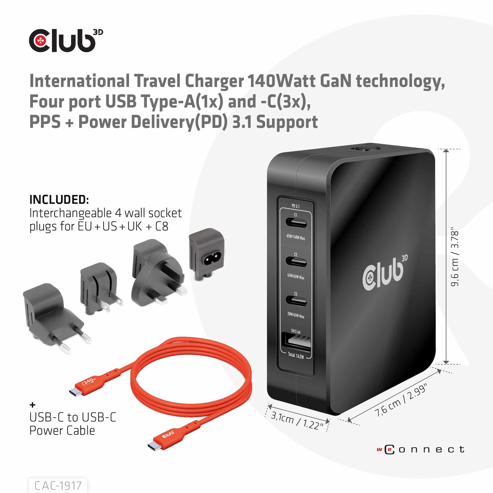 CLUB3D Internationale reislader 140 W GaN-technologie, vier poorten USB Type-A (1x) en -C (3x), PPS + Power Delivery (PD) 3.1-ondersteuning - Afbeelding 3