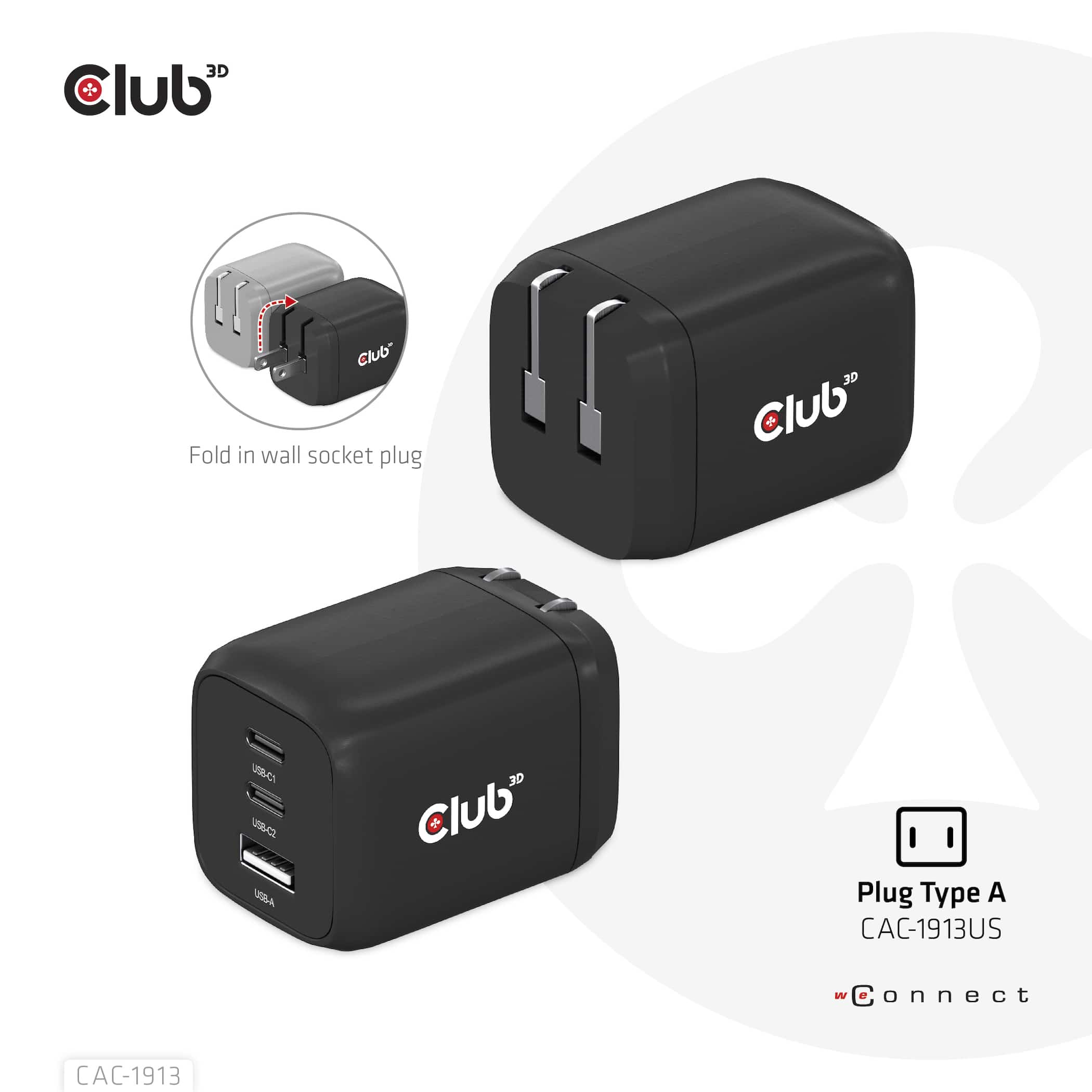 CLUB3D Travel Charger PPS 65Watt GAN technology, Triple port (2x USB Type-C + USB Type-A) Power Delivery(PD) 3.0 Support - Afbeelding 2