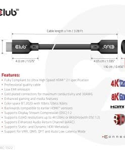 CLUB3D Ultra High Speed HDMI Extension Cable 4K120Hz 8K60Hz 48Gbps M/F 1 m / 3.28 ft 30AWG - Afbeelding 4