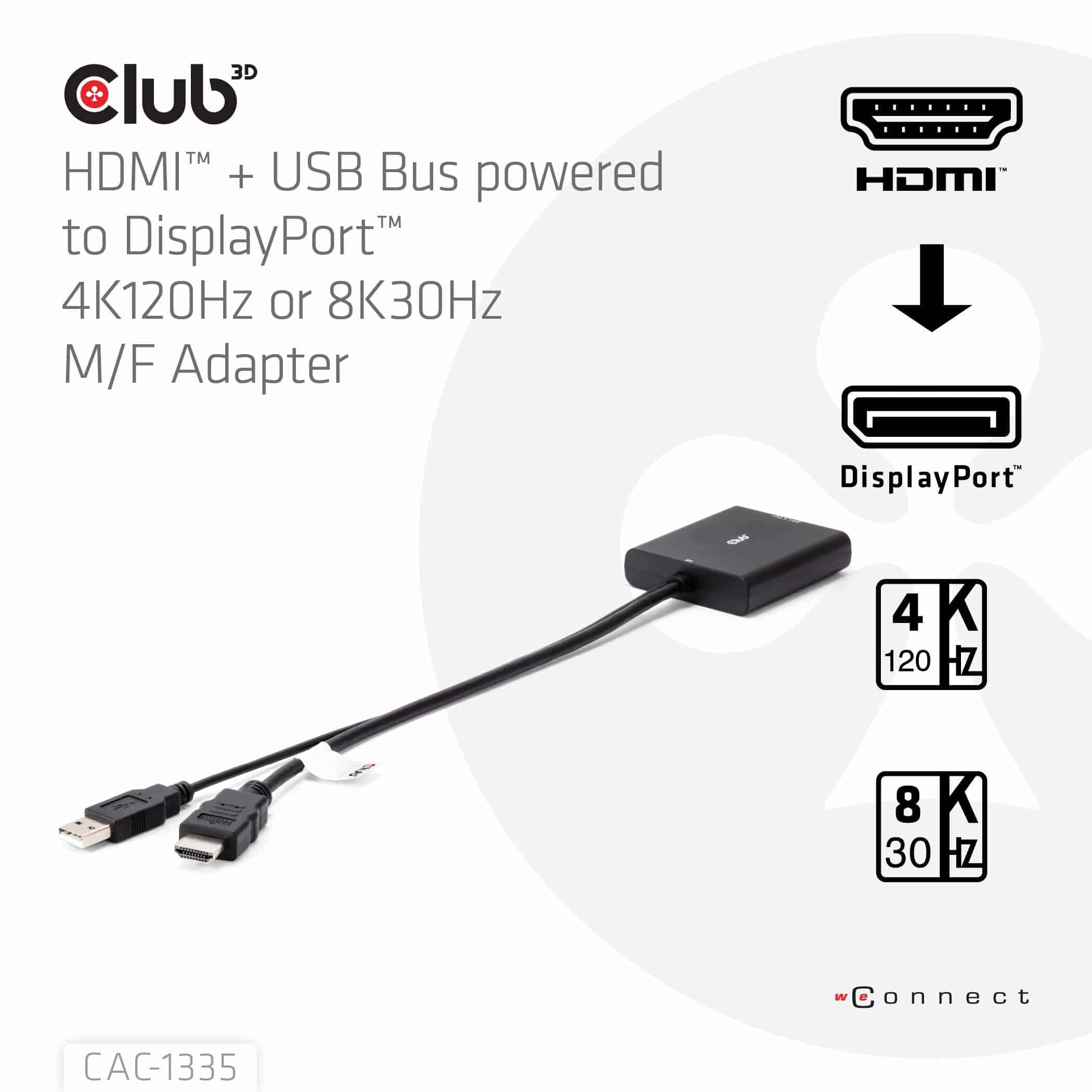 CLUB3D HDMI + Micro USB to DisplayPort 4K120Hz or 8K30Hz M/F Active Adapter - Afbeelding 4