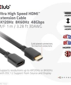 CLUB3D Ultra High Speed HDMI Extension Cable 4K120Hz 8K60Hz 48Gbps M/F 1 m / 3.28 ft 30AWG - Afbeelding 3