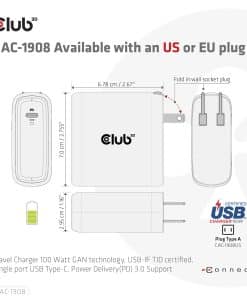 CLUB3D Travel Charger 100 Watt GAN technology, USB-IF TID certified, Single port USB Type-C, Power Delivery(PD) 3.0 Support - Afbeelding 7