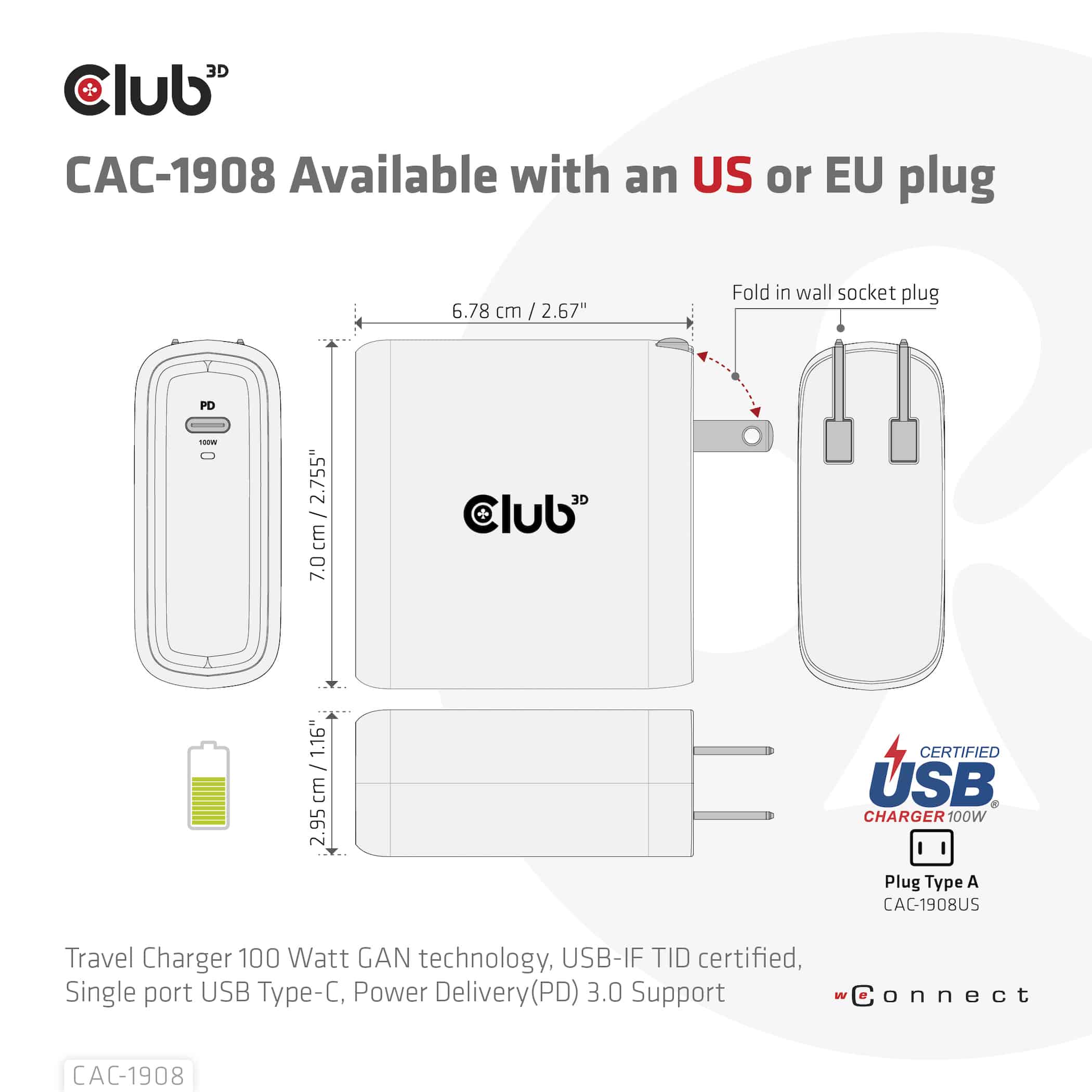 CLUB3D Travel Charger 100 Watt GAN technology, USB-IF TID certified, Single port USB Type-C, Power Delivery(PD) 3.0 Support - Afbeelding 7
