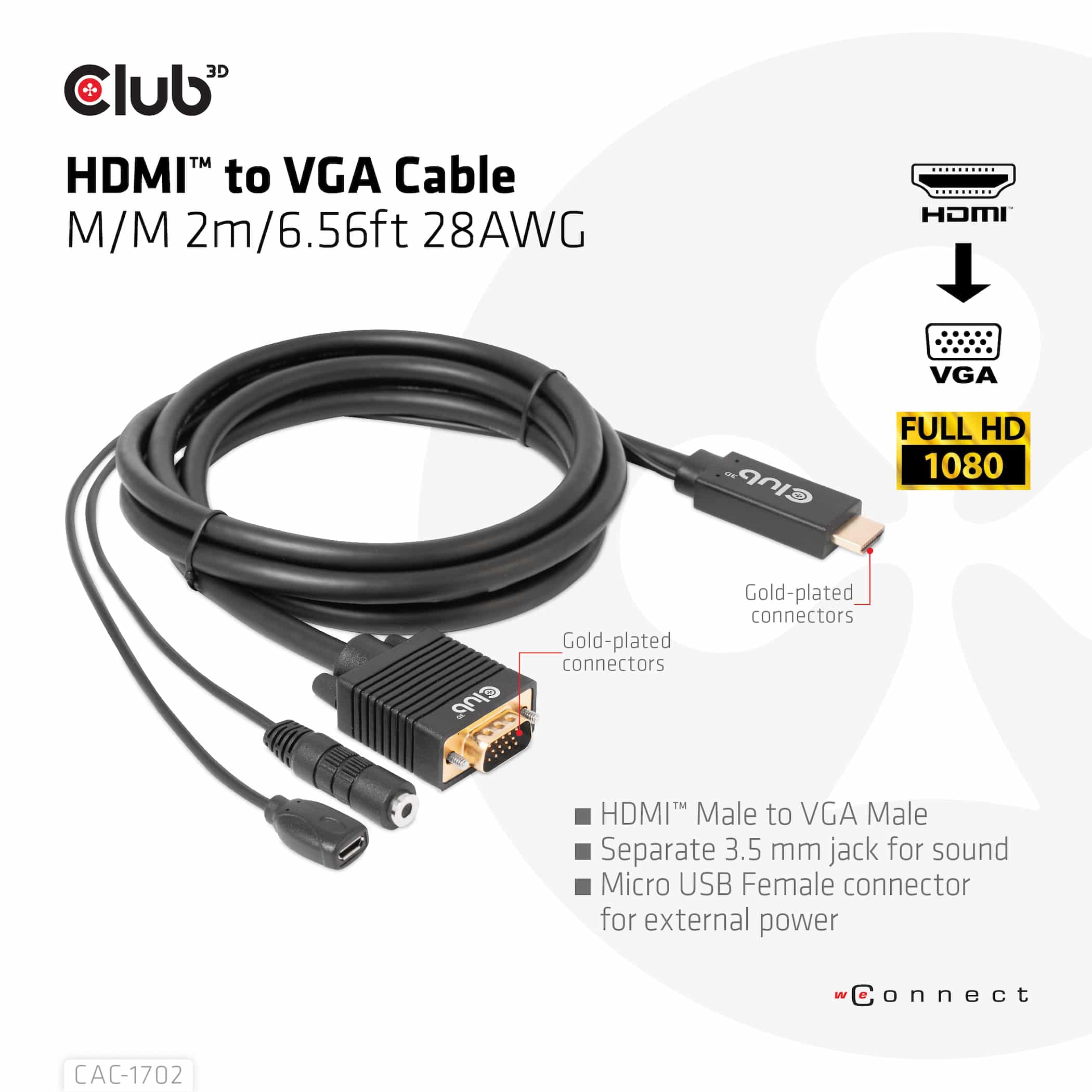 CLUB3D HDMI to VGA Cable M/M 2m/6.56ft 28AWG - Afbeelding 4