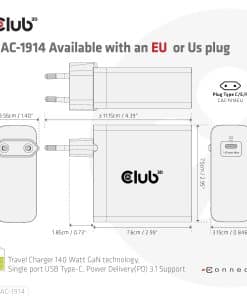 CLUB3D Travel Charger 140 Watt GaN technology, Single port USB Type-C, Power Delivery(PD) 3.1 Support - Afbeelding 5