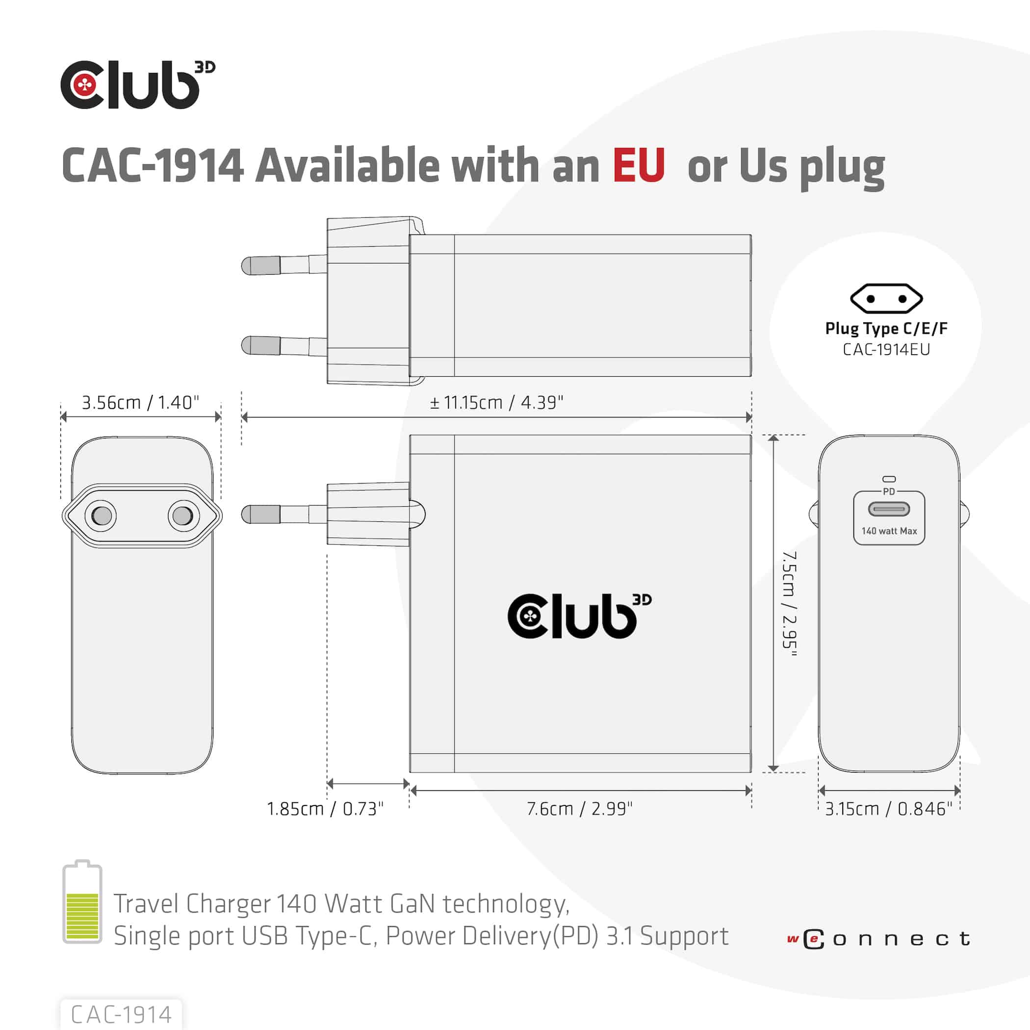 CLUB3D Travel Charger 140 Watt GaN technology, Single port USB Type-C, Power Delivery(PD) 3.1 Support - Afbeelding 5