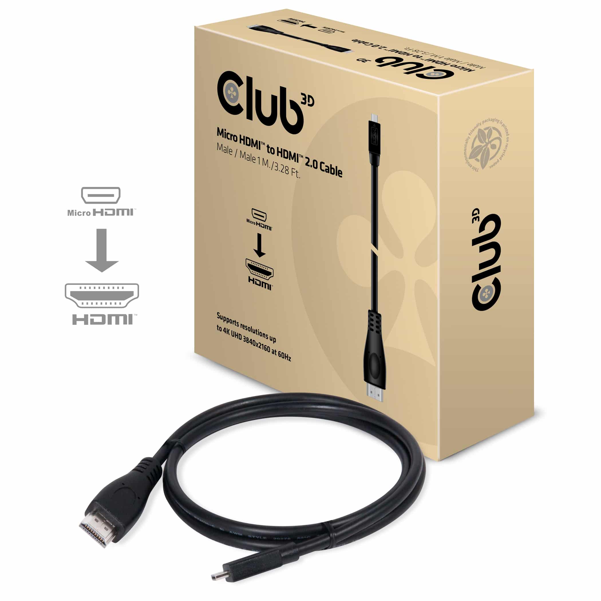 CLUB3D Micro HDMI naar HDMI 2.0 4K60Hz Kabel 1M - Afbeelding 2