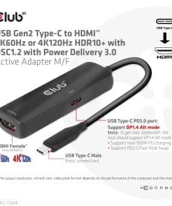 CLUB3D USB Gen2 Type-C to HDMI 8K60Hz or 4K120Hz HDR10+ with DSC1.2 with Power Delivery 3.0 Active Adapter M/F - Afbeelding 5