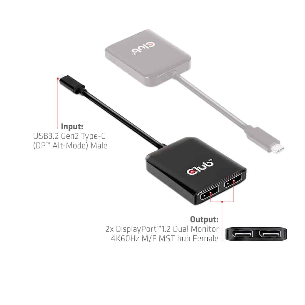 CLUB3D USB3.2 Gen2 Type-C(DP Alt-Mode) to DisplayPort Dual Monitor 4K60Hz M/F MST hub - Afbeelding 7