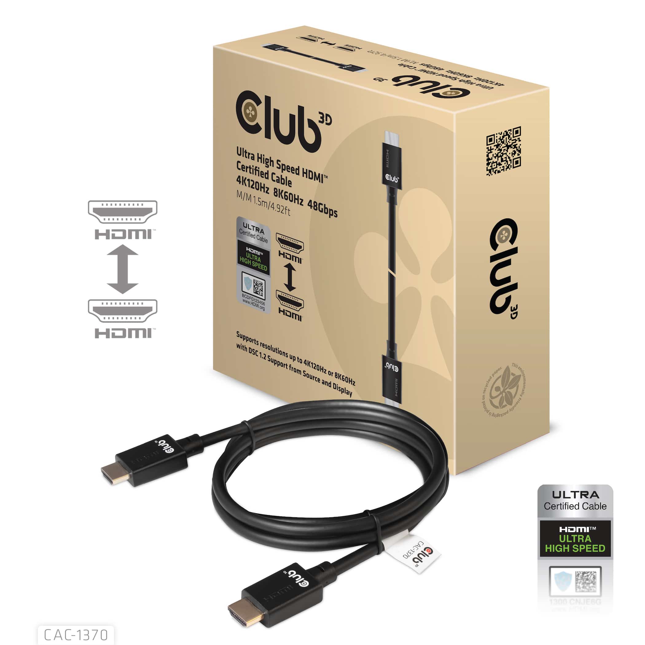 CLUB3D Ultra High Speed HDMI2.1 gecertificeerde kabel 4K120Hz, 144Hz 48Gbps M/V 1.5M