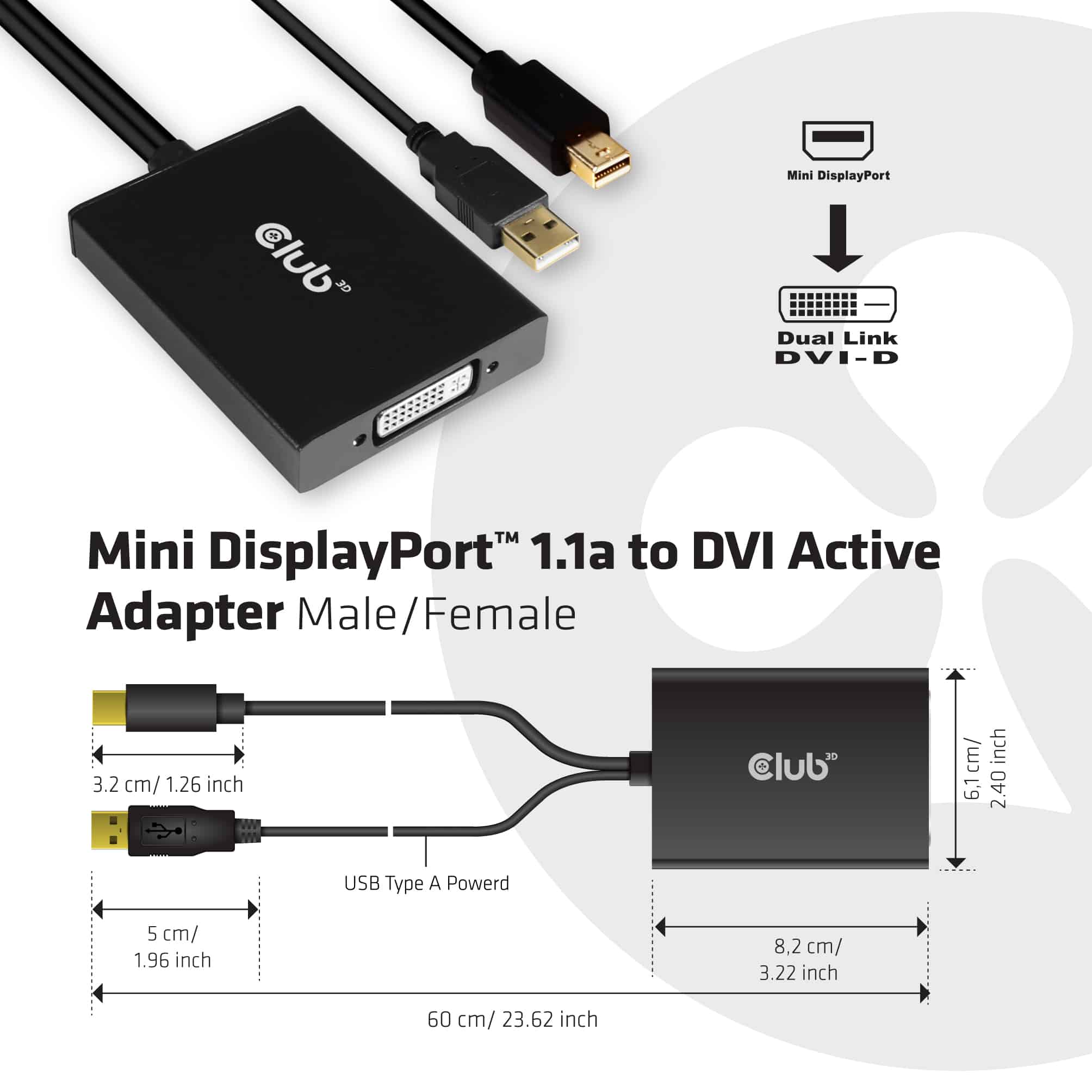 CLUB3D MiniDisplayPort 1.2a to Dual Link DVI-D Active Adapter - Afbeelding 4