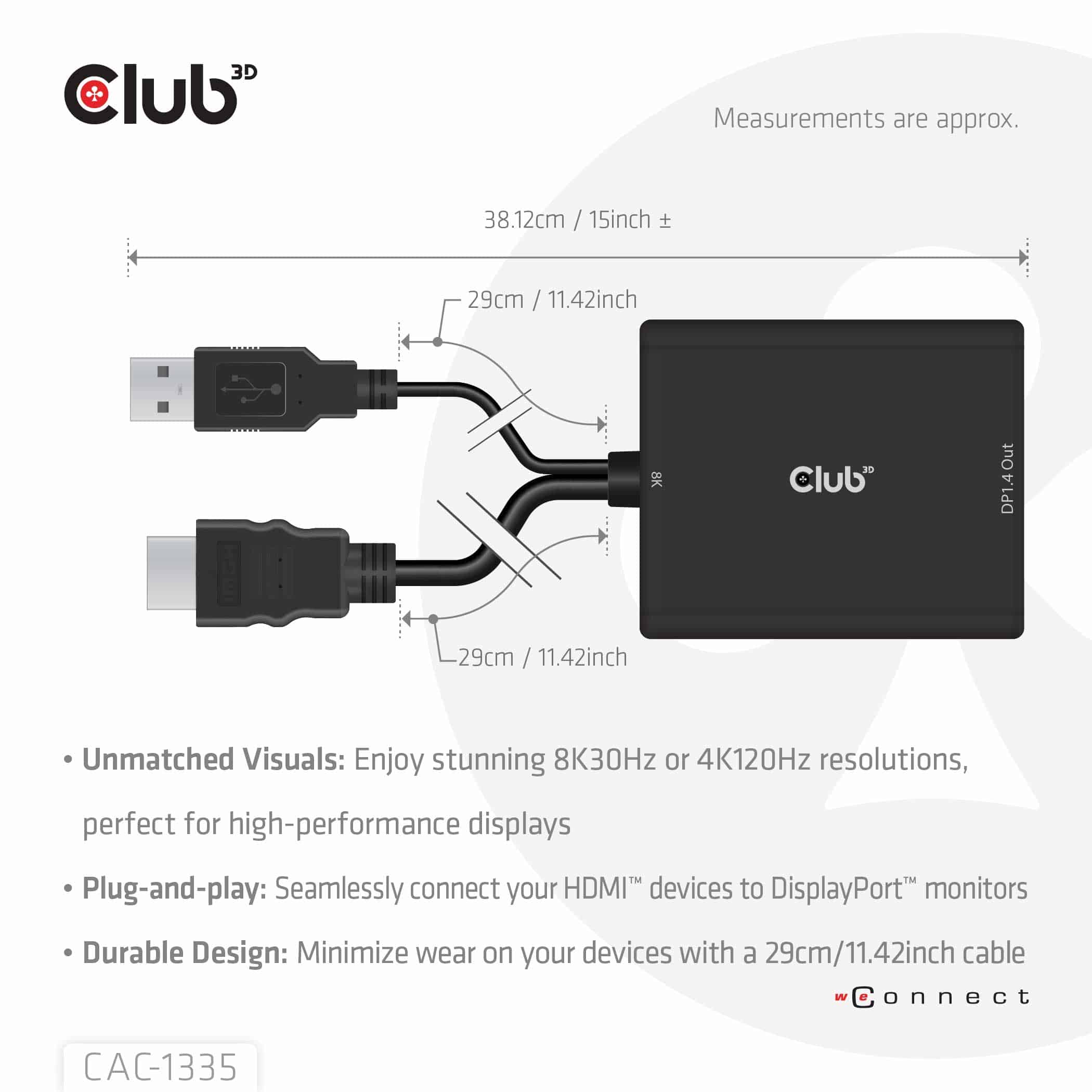 CLUB3D HDMI + Micro USB to DisplayPort 4K120Hz or 8K30Hz M/F Active Adapter - Afbeelding 5