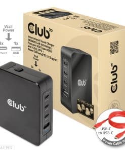 CLUB3D Internationale reislader 140 W GaN-technologie, vier poorten USB Type-A (1x) en -C (3x), PPS + Power Delivery (PD) 3.1-ondersteuning