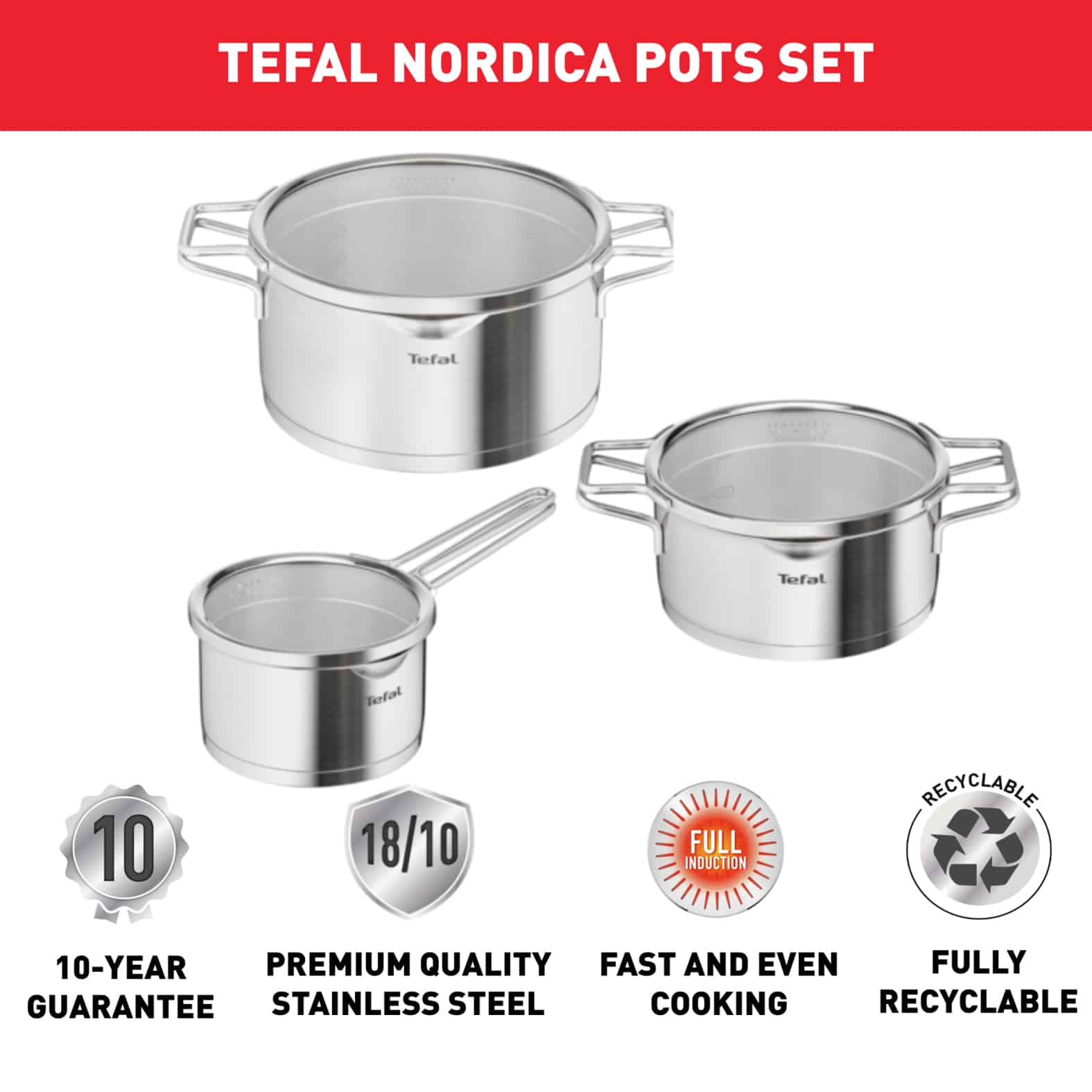 Tefal Nordica 3-delige set (steelpan 16 cm, kookpan 20/24 cm) - inductie - Afbeelding 2