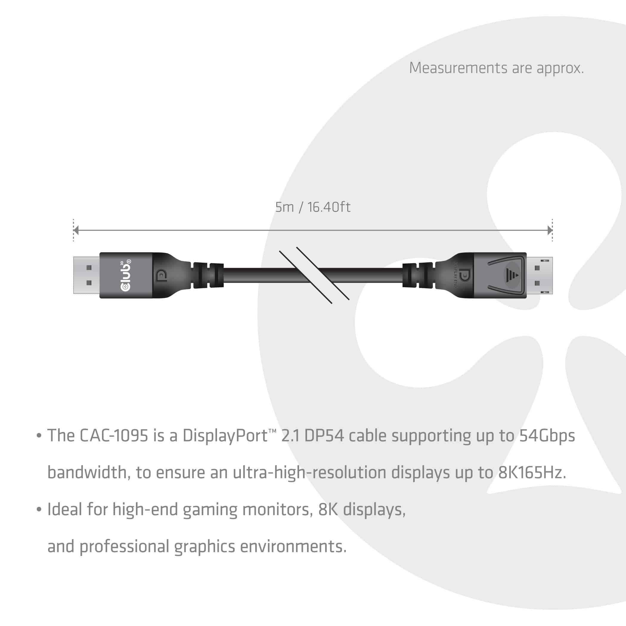 CLUB3D DisplayPort 2.1 DP54-kabel 8K 165 Hz 5 m / 16,40 ft - Afbeelding 4