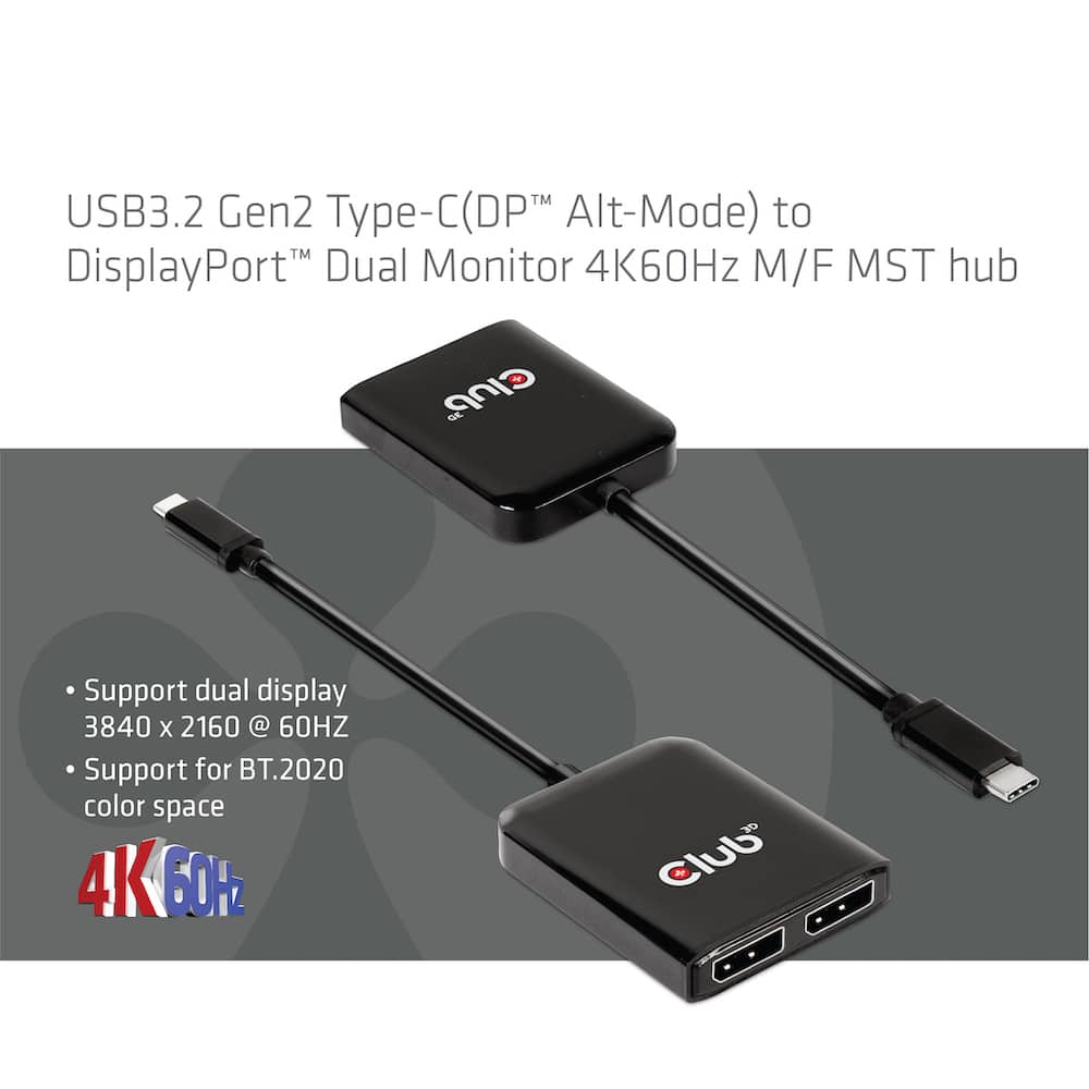 CLUB3D USB3.2 Gen2 Type-C(DP Alt-Mode) to DisplayPort Dual Monitor 4K60Hz M/F MST hub - Afbeelding 3