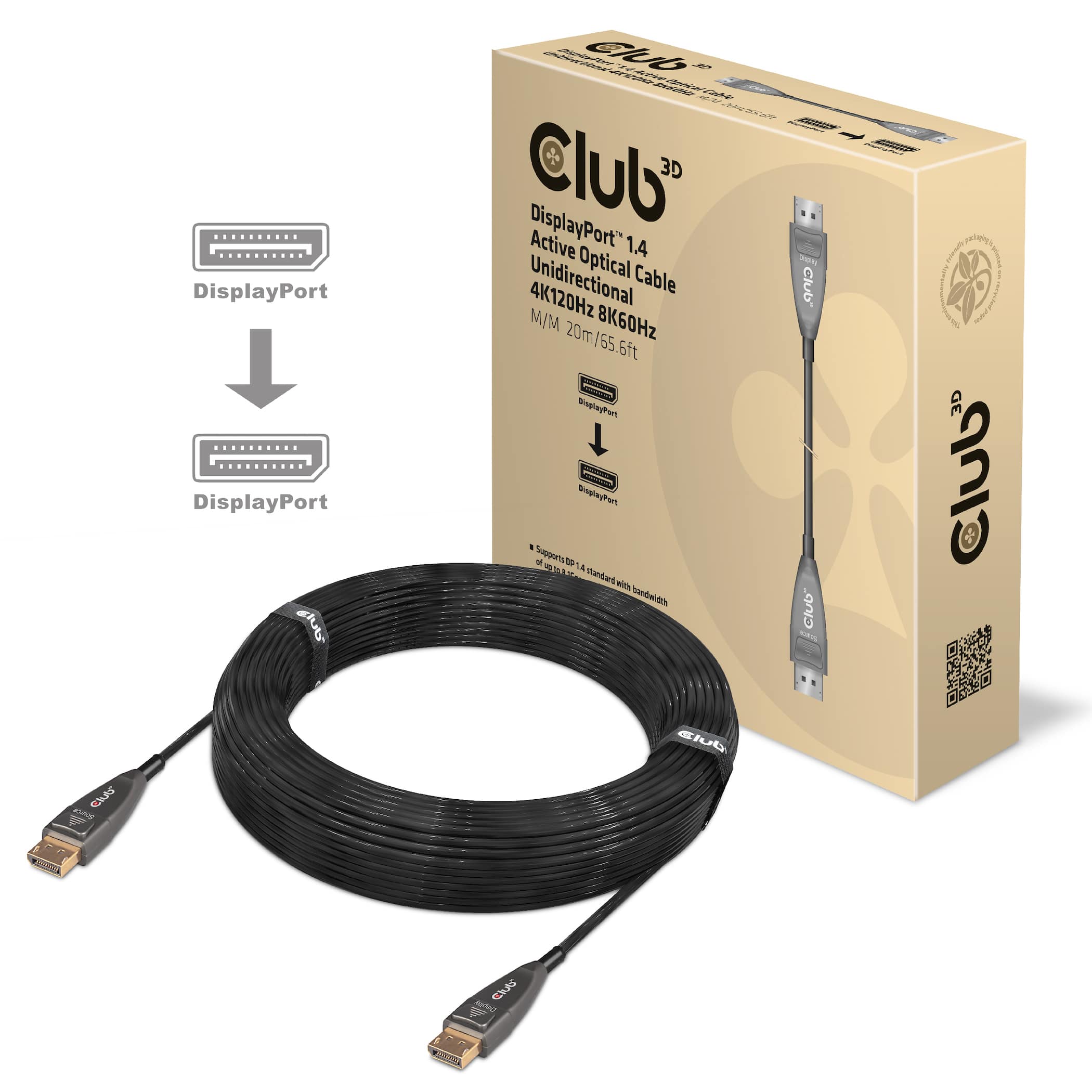 CLUB3D DisplayPort 1.4 Active Optical Cable Unidirectional 4K120Hz 8K60Hz M/M 20m/65.62ft - Afbeelding 2