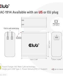 CLUB3D Travel Charger 140 Watt GaN technology, Single port USB Type-C, Power Delivery(PD) 3.1 Support - Afbeelding 7