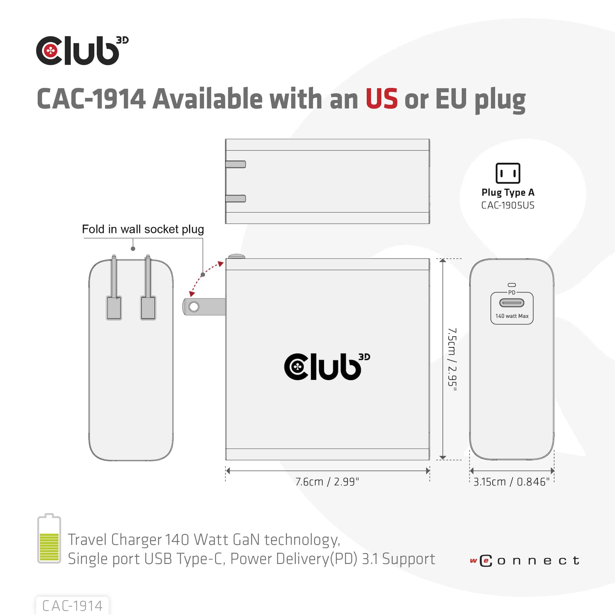 CLUB3D Travel Charger 140 Watt GaN technology, Single port USB Type-C, Power Delivery(PD) 3.1 Support - Afbeelding 7