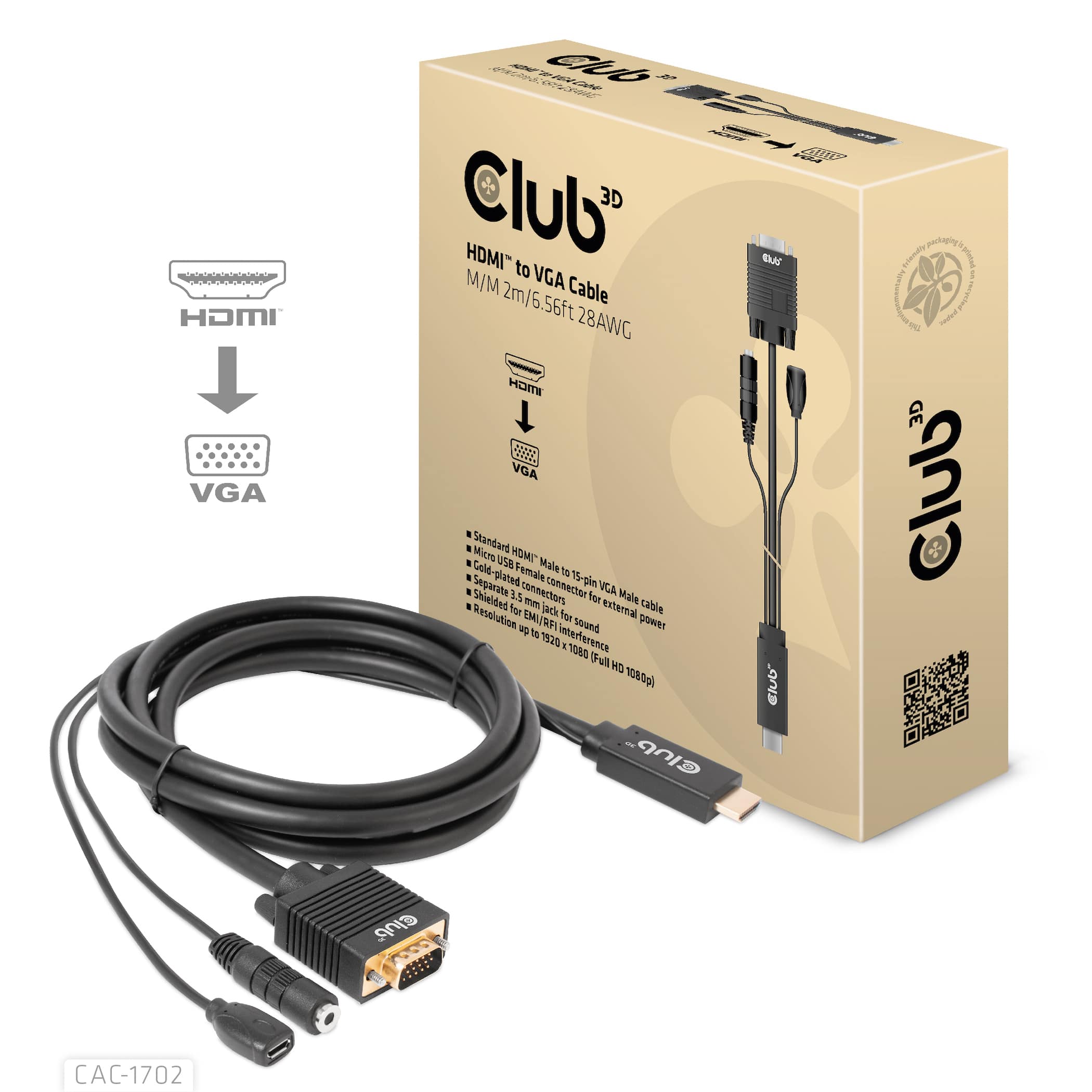 CLUB3D HDMI to VGA Cable M/M 2m/6.56ft 28AWG - Afbeelding 3