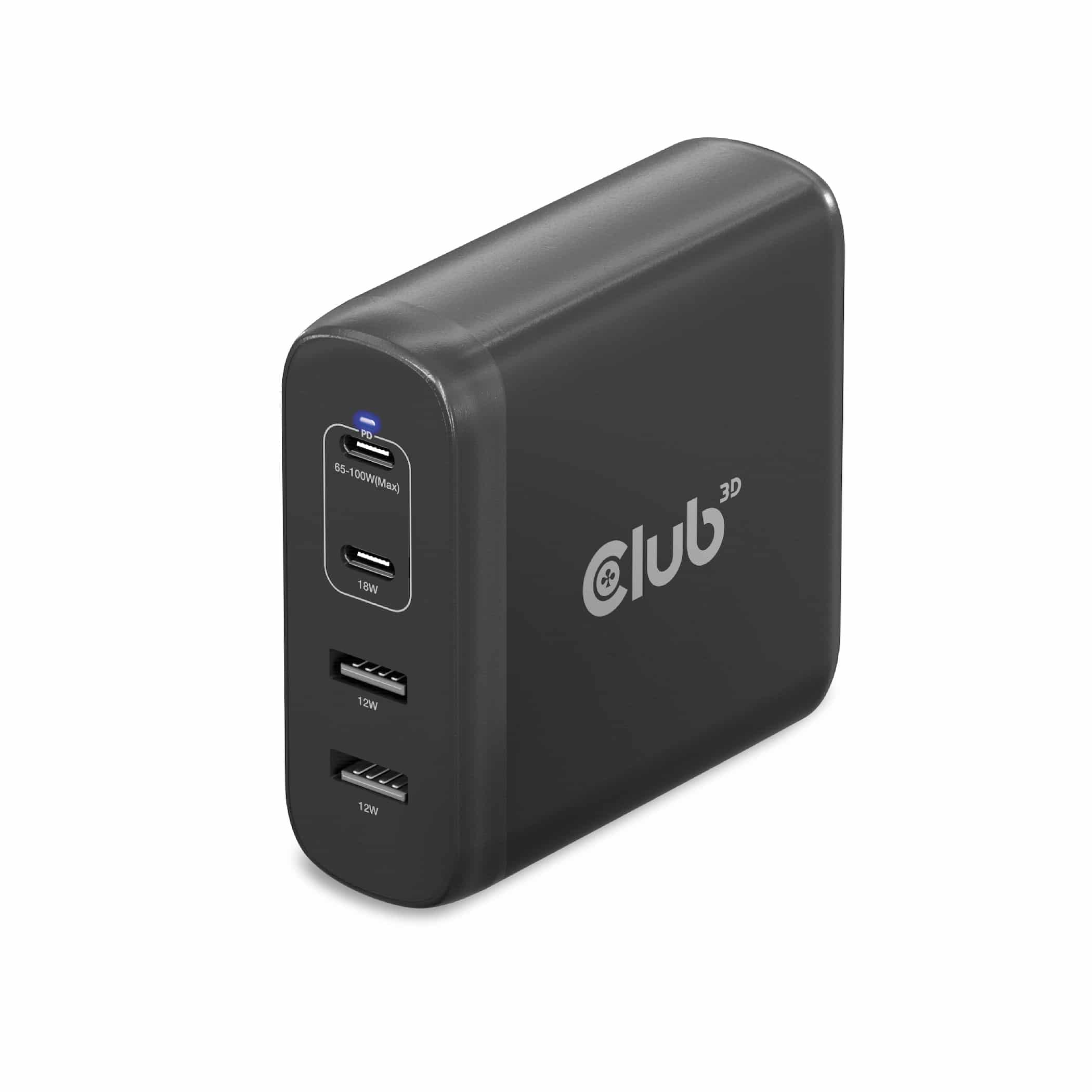 CLUB3D Travel Charger 100W GaN technology, Four port USB Type-A(2x) and -C(2x), Power Delivery(PD) 3.0 Support