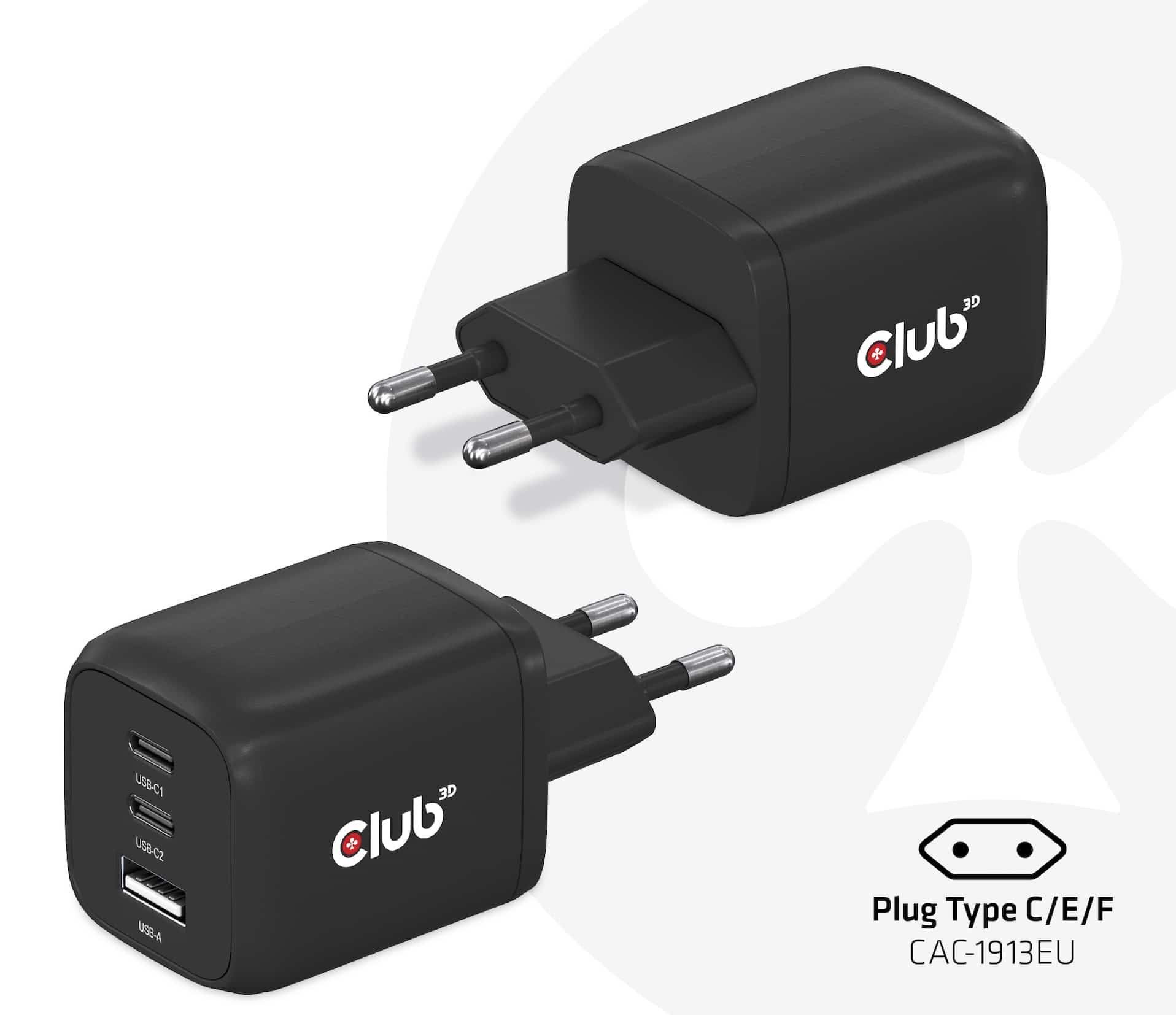 CLUB3D Travel Charger PPS 65Watt GAN technology, Triple port (2x USB Type-C + USB Type-A) Power Delivery(PD) 3.0 Support