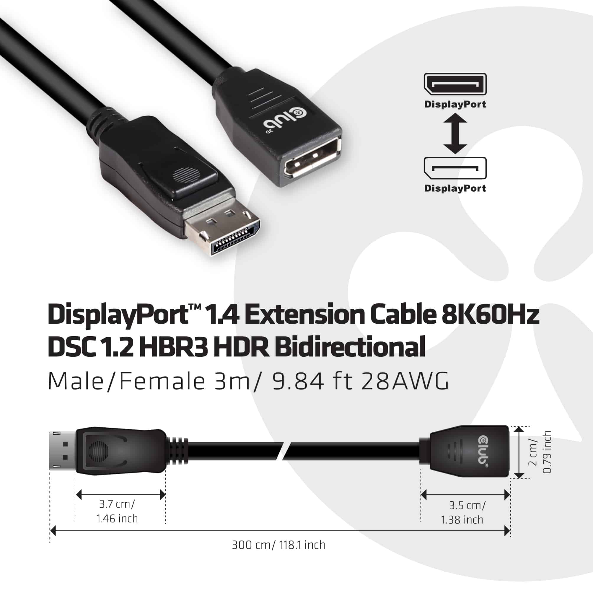 CLUB3D DisplayPort 1.4 Extension Cable 8K60Hz DSC 1.2 HBR3 HDR Bidirectional M/F 3m/9.84ft - Afbeelding 2