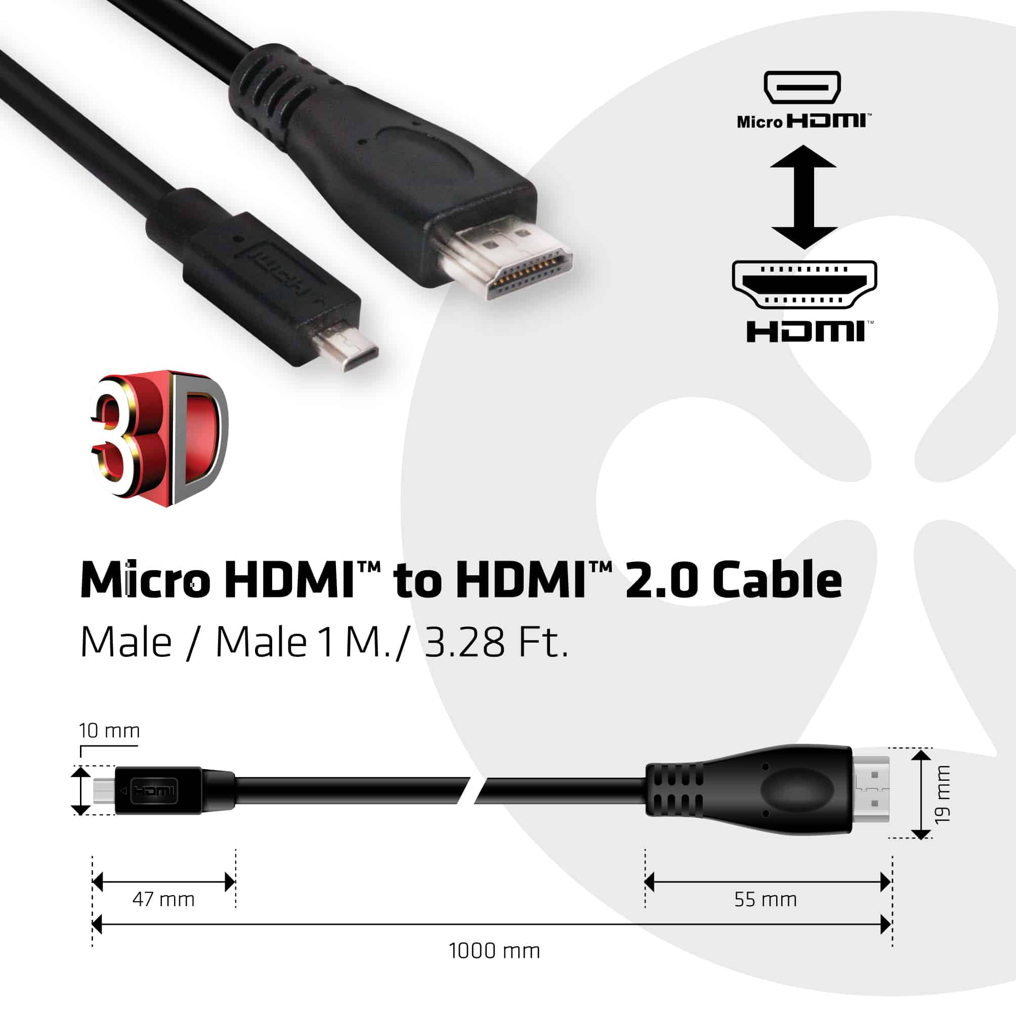 CLUB3D Micro HDMI naar HDMI 2.0 4K60Hz Kabel 1M - Afbeelding 3