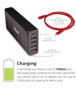CLUB3D USB Type A and C Power Charger, 5 ports up to 111W - Afbeelding 4